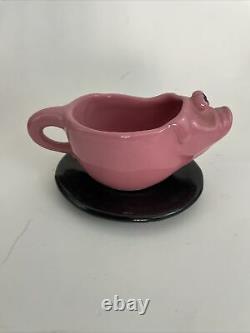 John Groth Pink Pig with Top Hat Teapot 4 Cups Saucer Set Art Pottery Signed