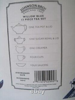 Johnson Bros Willow Blue 13 Pc Tea Set Teapot Cream Sugar Cups Saucers New Mint