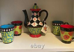 Joyce Shelton Tea Party By Giftcraft Multi Color Tea Pot With 4 Mugs- NWT