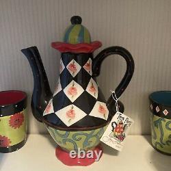 Joyce Shelton Tea Party By Giftcraft Multi Color Tea Pot With 4 Mugs- NWT