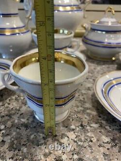 KPM tea/coffee pot, sugar, creamer, cups/saucers Gold Blue Accents Large pieces