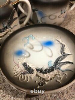 Kutani Moriage Dragon tea set for two Lithophane Geisha cups teapot cream sugar