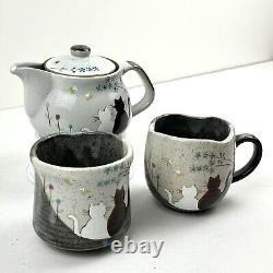 Kutani Yaki Ware Japanese Teapot, Teacup, Mug Cats 3pc. Japanese Tea Set