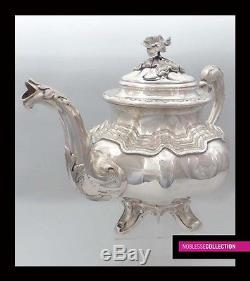 LARGE ANTIQUE FRENCH STERLING SILVER TEA POT SET 3 pc Rococo style Circa 1890s
