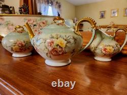 LARGE Limoges Hand Painted Rose Tea Pot Set, Artist Signed