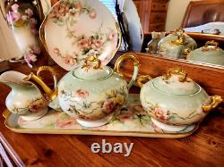 LARGE Limoges Hand Painted Rose Tea Pot Set, Artist Signed