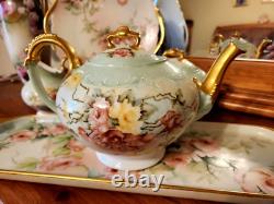 LARGE Limoges Hand Painted Rose Tea Pot Set, Artist Signed