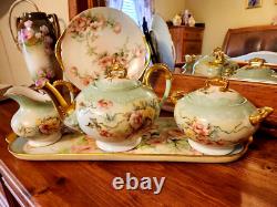 LARGE Limoges Hand Painted Rose Tea Pot Set, Artist Signed