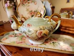 LARGE Limoges Hand Painted Rose Tea Pot Set, Artist Signed