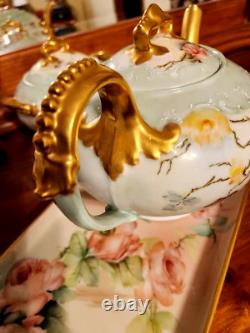 LARGE Limoges Hand Painted Rose Tea Pot Set, Artist Signed