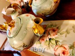 LARGE Limoges Hand Painted Rose Tea Pot Set, Artist Signed