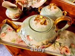 LARGE Limoges Hand Painted Rose Tea Pot Set, Artist Signed