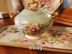 LARGE Limoges Hand Painted Rose Tea Pot Set, Artist Signed