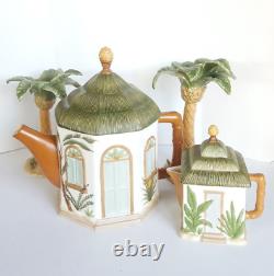 LENOX BRITISH COLONIAL Teapot Hut Palm Tree & Creamer Set CHUCK FISCHER