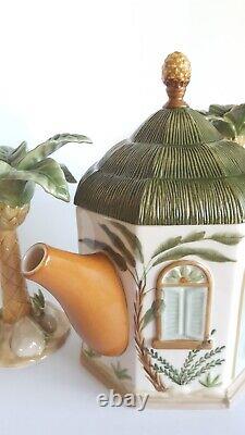 LENOX BRITISH COLONIAL Teapot Hut Palm Tree & Creamer Set CHUCK FISCHER