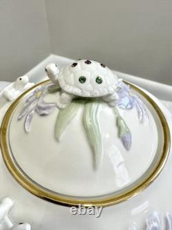 LENOX CHINA THE GARDEN TURTLES TEAPOT HAND PAINTED WithGOLD TRIM & CRYSTALS