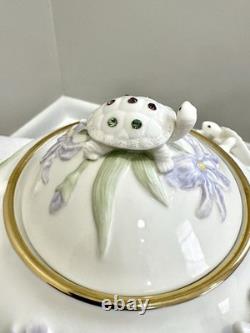 LENOX CHINA THE GARDEN TURTLES TEAPOT HAND PAINTED WithGOLD TRIM & CRYSTALS