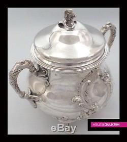LOVELY ANTIQUE 1880s FRENCH STERLING SILVER TEA POT SET 3 pc Rococo style