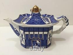 Large Burleigh Pagoda Chinoiserie Teapot Burslem England Blue & White c. 1930s
