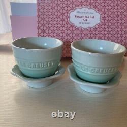 Le Creuset Flower Tea Pot & Cups Set with Box Stoneware ice green MINT