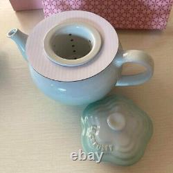 Le Creuset Flower Tea Pot & Cups Set with Box Stoneware ice green MINT