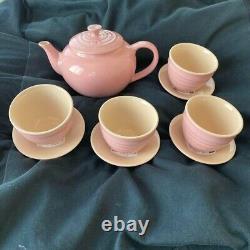 Le Creuset Tea Pot Set Teapot & 4 cup & 4 sorcer Set Pink Stoneware With Box
