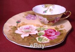 Lefton Brown Heritage HP Roses Tea Cup Snack Plates Coffee Chocolate Pot C&S Set