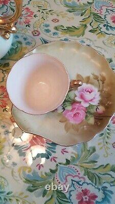 Lefton China Teapot, 2 Snack plates & Cups and Creamer Green Herritage Rose