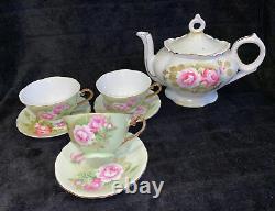 Lefton Heritage Green Rose Tea Set with 3 Teacups & Saucers and Teapot, Nice