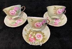 Lefton Heritage Green Rose Tea Set with 3 Teacups & Saucers and Teapot, Nice