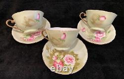 Lefton Heritage Green Rose Tea Set with 3 Teacups & Saucers and Teapot, Nice