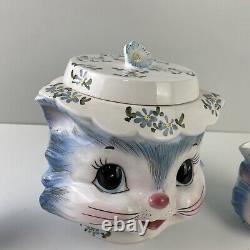 Lefton Miss Priss Blue Kitty Cookie Jar Creamer Sugar Salt & Pepper Set Japan