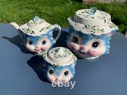 Lefton Miss Priss blue kitty cookie jar/teapot set