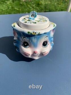 Lefton Miss Priss blue kitty cookie jar/teapot set