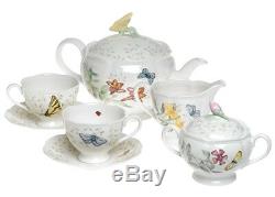 Lenox Butterfly Meadow Tea Set 7 PC Service/2 Teapot Creamer Sugar Cups Saucers