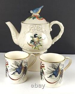 Lenox Winter Greetings -Chickadees/Nuthatch Teapot with Lid & 2 Coffee Mug Set