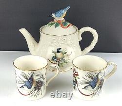 Lenox Winter Greetings -Chickadees/Nuthatch Teapot with Lid & 2 Coffee Mug Set