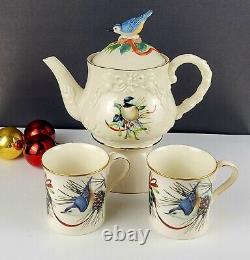 Lenox Winter Greetings -Chickadees/Nuthatch Teapot with Lid & 2 Coffee Mug Set