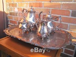 Leonard Silver Plate Tea Pot Sugar Creamer with Tray Platter Set