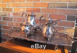 Leonard Silver Plate Tea Pot Sugar Creamer with Tray Platter Set