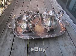 Leonard Silver Plate Tea Pot Sugar Creamer with Tray Platter Set