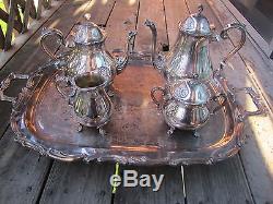 Leonard Silver Plate Tea Pot Sugar Creamer with Tray Platter Set