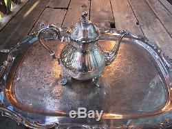 Leonard Silver Plate Tea Pot Sugar Creamer with Tray Platter Set