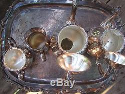 Leonard Silver Plate Tea Pot Sugar Creamer with Tray Platter Set