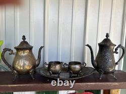 Leonard Silver Plated Coffee Tea Pot Set Sugar Cream Bowl Floral Footed