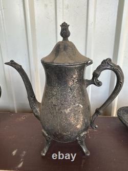 Leonard Silver Plated Coffee Tea Pot Set Sugar Cream Bowl Floral Footed