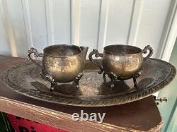 Leonard Silver Plated Coffee Tea Pot Set Sugar Cream Bowl Floral Footed