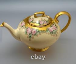 Limoge Antique Teapot T&V France Hand Painted Pink Rose Flowers Gold Art Deco