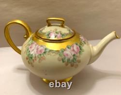 Limoge Antique Teapot T&V France Hand Painted Pink Rose Flowers Gold Art Deco