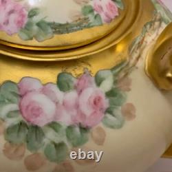 Limoge Antique Teapot T&V France Hand Painted Pink Rose Flowers Gold Art Deco